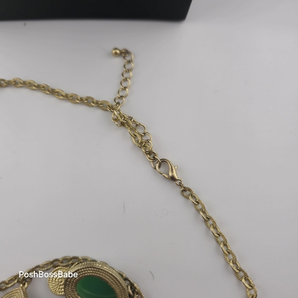 Gold & Green Stone Teardrop Charm Necklace - 16.5"-19.5" - Picture 7 of 8